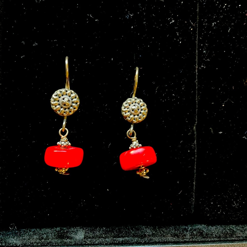 Sardinian Red Coral Sterling Silver Pierced Earrings, signed
